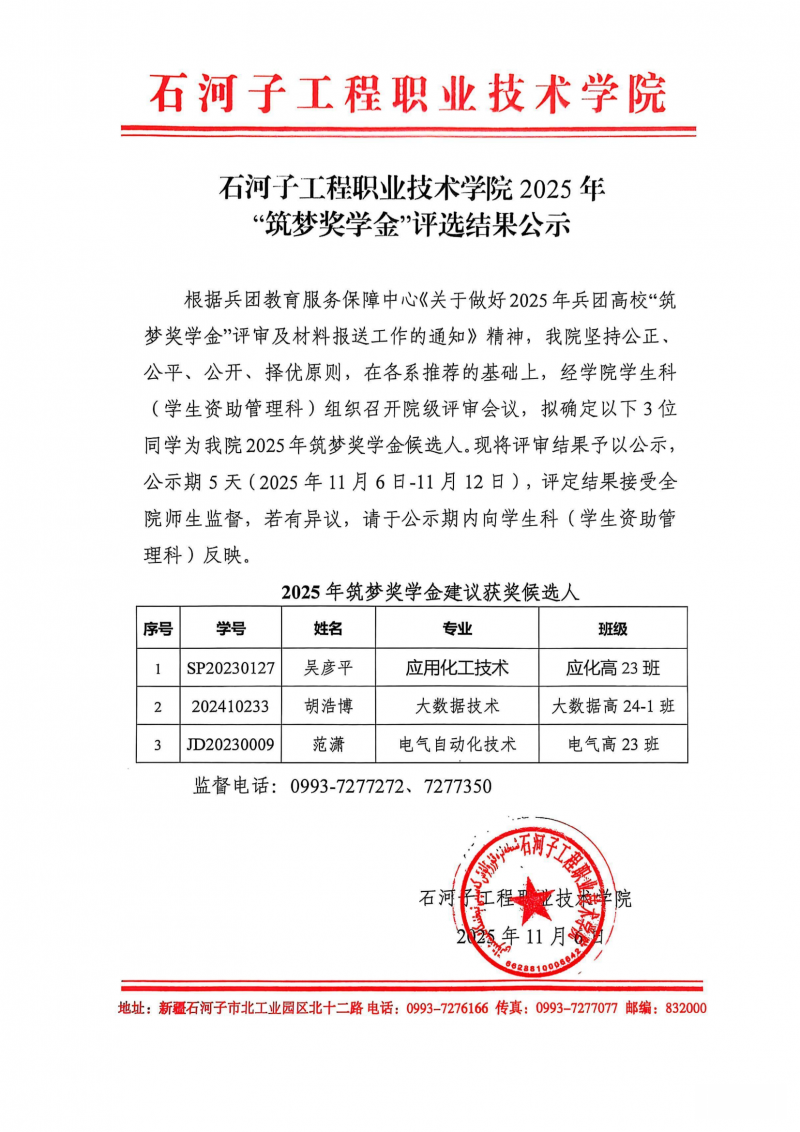 石河子工程职业技术学院 2025年筑梦奖学金评选结果公示_01.png